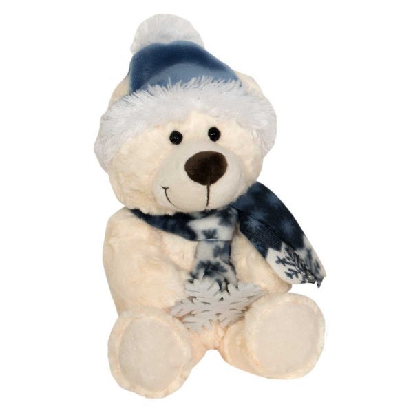 Χριστουγεννιάτικο Λούτρινο Αρκουδάκι Μπεζ, με Μπλε Κασκόλ και Σκούφο (20cm)